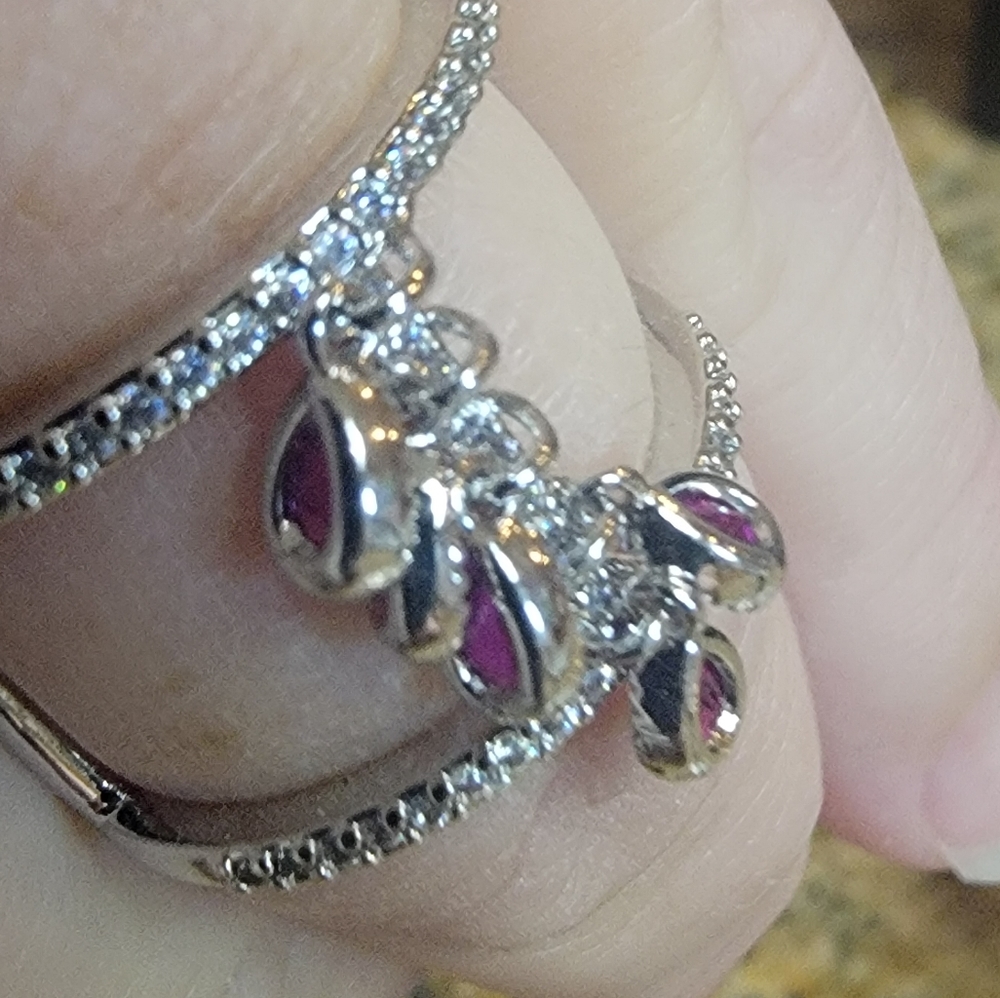 Bomb party ring lab created ruby with dangling stones rhodium plating